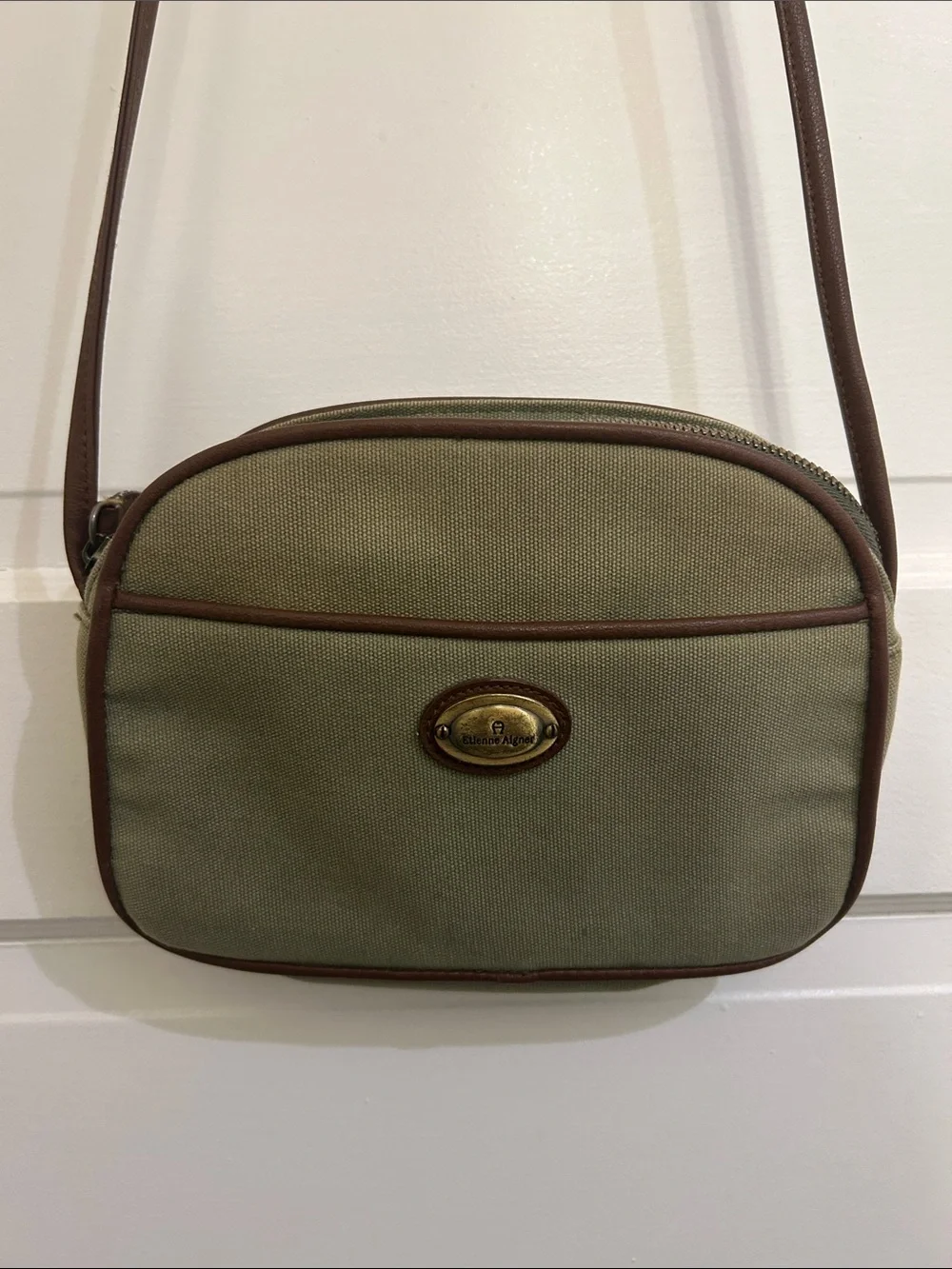 🛍 2/$18 Etienne Aigner Olive Canvas Crossbody with Brown Trim and Brass Plaque
